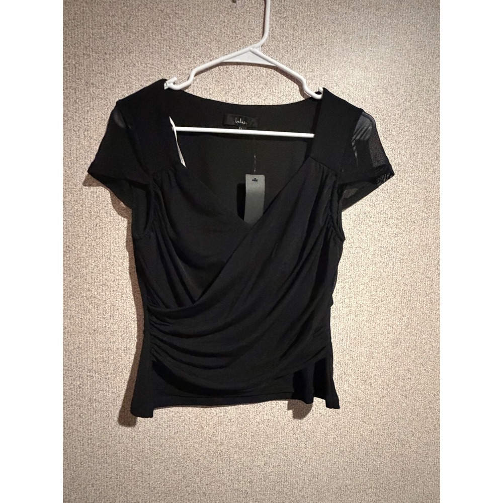 Lulus Black Sheer Cap Sleeve Surplice Ruched V-Neck Top NWT Size Large